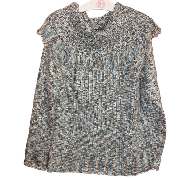 •SPANNER•NWOT TEAL/TAN/OATMEAL COWLNECK SHAWL FRINGE KNIT SWEATER SIZE MEDIUM - Picture 1 of 10